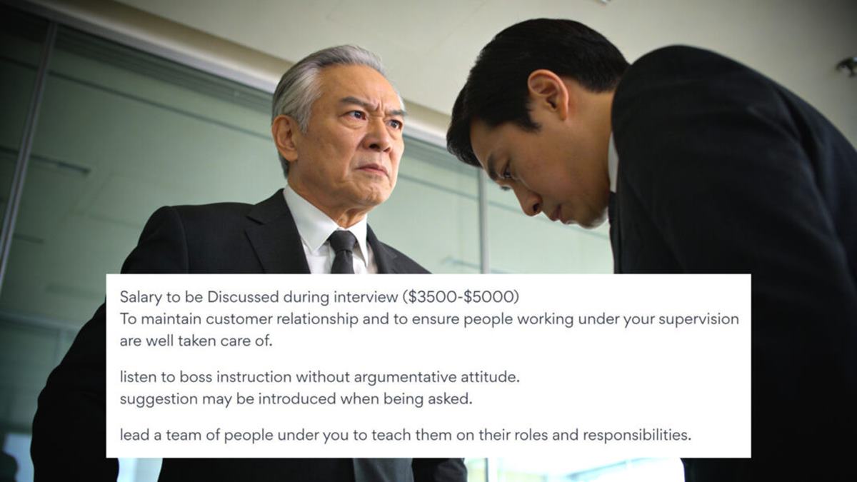 ‘Salary S$3500-S$5000/month’ — Job offer states, with the requirement to ‘listen to boss instruction without argumentative attitude’