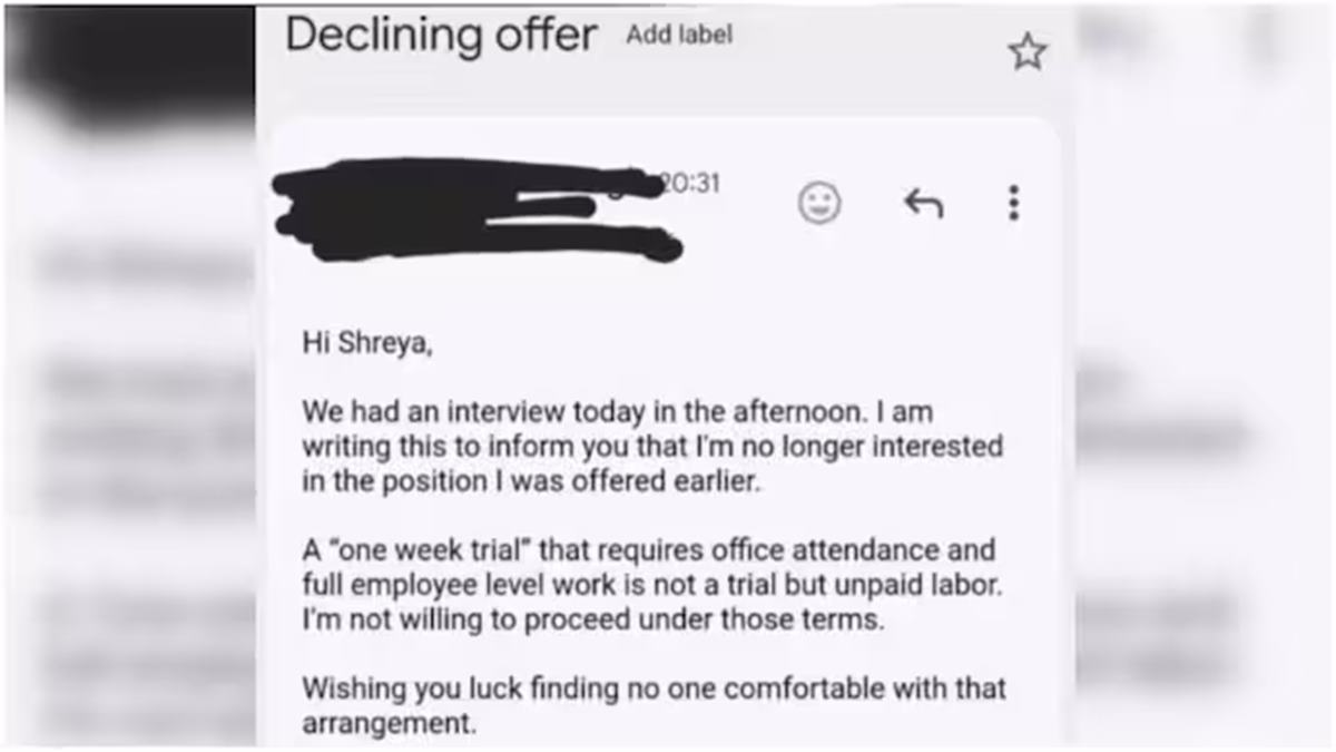 Candidate rejects job after being asked to do one-week trial, calls it 'unpaid labour'