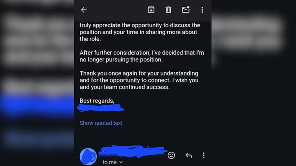 Candidate rejects job after interview, recruiter's reply makes internet quietly judge