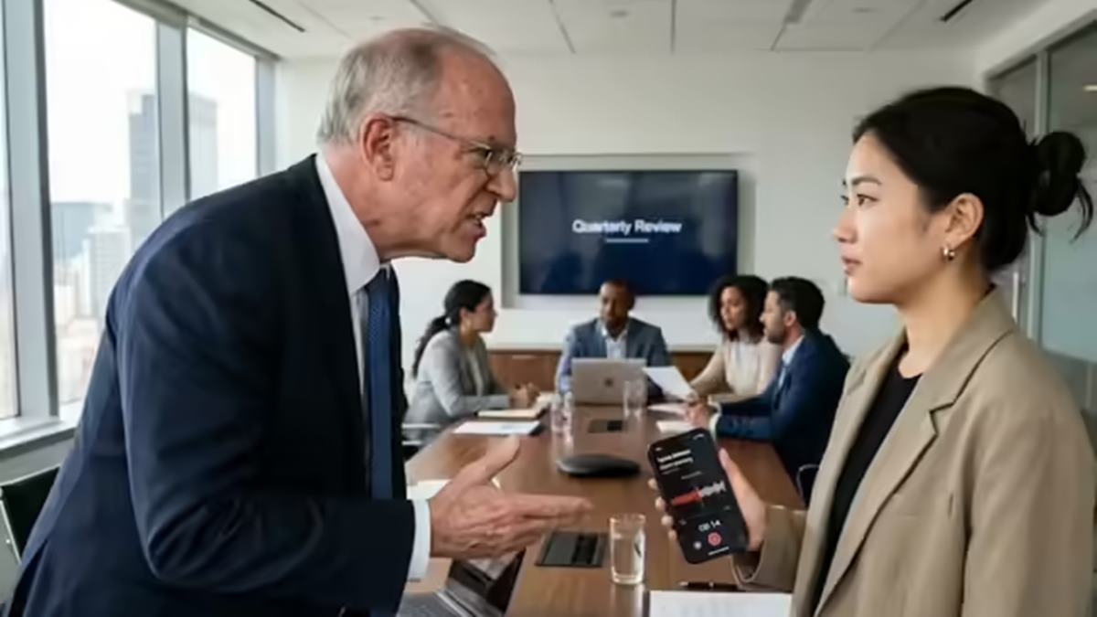 Gen Z employee records details of client meeting on smartphone. When manager calls it disrespectful, an unexpected lesson on workplace etiquette follows